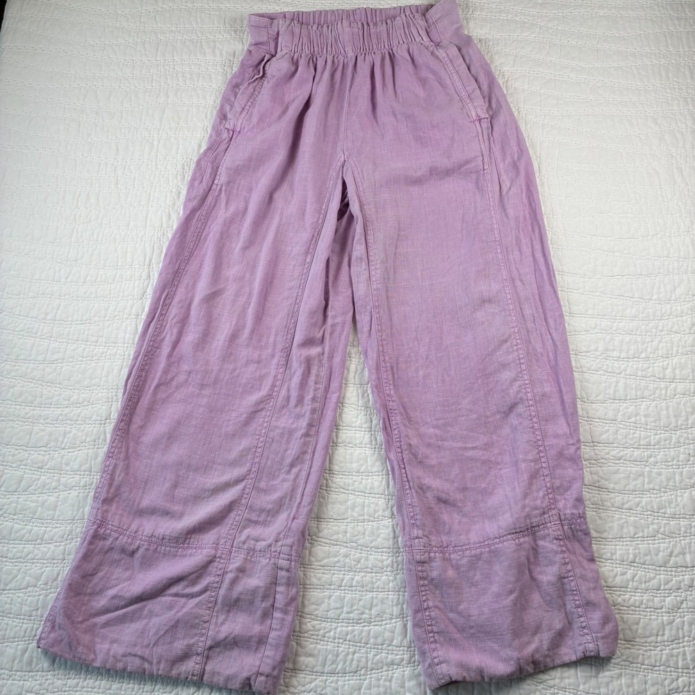 Free People Linen Blend Wide Leg Smocked Waist Pants XS Lavender Lagenlook Boho